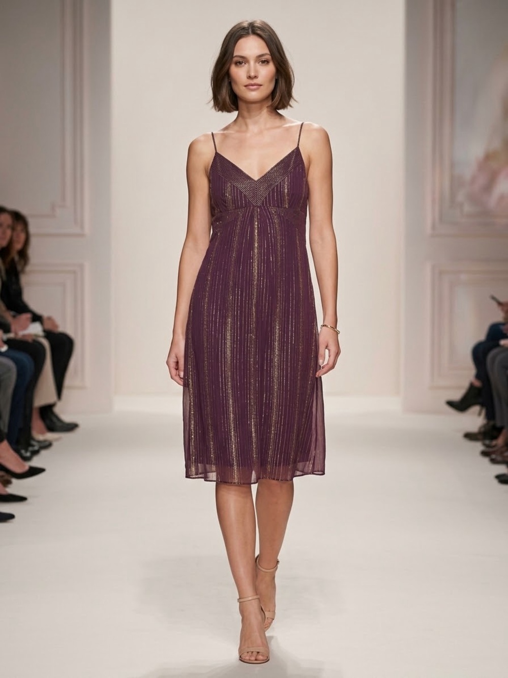 To the Max Silk Deep Plum Midi Dress with Gold Lurex Stripes